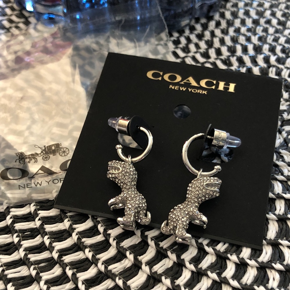 Authentic new Coach Silver Crystal Dinosaur Drop Earrings - Picture 2 of 10